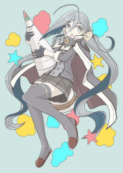 Rule 34 | 1girl, ahoge, ammunition, blue hair, boots, boushi-ya, buttons, cosplay, double-breasted, gloves, grey eyes, grey hair, holding, kantai collection, kikumon, kiyoshimo (kancolle), long hair, multicolored hair, musashi (kancolle), musashi (kancolle) (cosplay), musashi kai ni (kancolle), open mouth, partially fingerless gloves, ribbon, skirt, thigh boots, thighhighs, twintails, type 1 ap shell, very long hair, zettai ryouiki