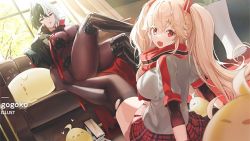 Rule 34 | 2girls, azur lane, black footwear, black gloves, black hair, black scarf, blonde hair, bluecher (azur lane), bodystocking, boots, breasts, bruenhilde (azur lane), couch, crossed legs, dutch angle, gloves, gogoco, grey shirt, hair between eyes, heart, indoors, knee boots, large breasts, loading screen, looking at viewer, looking back, manjuu (azur lane), miniskirt, multicolored clothes, multicolored hair, multicolored scarf, multiple girls, official art, on couch, on floor, open mouth, plaid, plaid skirt, red eyes, red scarf, red skirt, scarf, shirt, short hair, short sleeves, sitting, skirt, split-color hair, third-party source, twintails, two-tone hair, white hair
