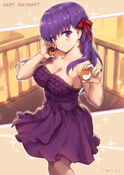 Rule 34 | 1girl, 2017, breasts, cleavage, dated, dress, fate/stay night, fate (series), food, fruit, gou (ga673899), haoni, holding, large breasts, long hair, matou sakura, no bra, orange (fruit), purple dress, purple eyes, purple hair, ribbon, smile, solo, strapless, strapless dress, yin yang
