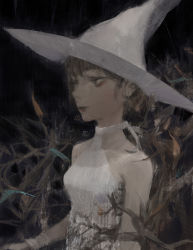 Rule 34 | 1girl, absurdres, bare shoulders, brown eyes, brown hair, dress, female focus, halterneck, hat, highres, looking away, matching hair/eyes, original, paindude, short hair, solo, tagme, upper body, white dress, witch, witch hat