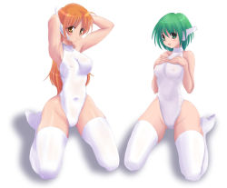 Rule 34 | 2girls, android, armpits, blush, boots, breast suppress, breasts, brown eyes, brown hair, cameltoe, covered erect nipples, green eyes, green hair, highleg, highleg leotard, hip focus, kihaiu, large breasts, leotard, long hair, multi (to heart), multiple girls, robot ears, serio (to heart), short hair, thigh boots, thighhighs, to heart, to heart (series), wide hips