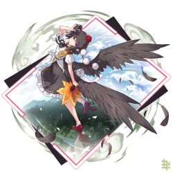 Rule 34 | 1girl, arm up, black hair, black ribbon, black skirt, black wings, bobby socks, camera, collared shirt, commentary request, dress shirt, feathered wings, frilled skirt, frills, from above, geta, hair between eyes, hat, highres, holding, holding camera, kazana (sakuto), looking at viewer, looking up, mini hat, neck ribbon, parted lips, photo (object), pointy ears, puffy short sleeves, puffy sleeves, red eyes, red footwear, red hat, ribbon, shameimaru aya, shirt, short sleeves, skirt, smile, socks, solo, standing, standing on one leg, tengu-geta, tokin hat, touhou, white shirt, white socks, wings