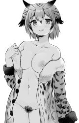 Rule 34 | 1girl, :q, arm at side, blush, breasts, collarbone, cowboy shot, eurasian eagle owl (kemono friends), female pubic hair, fur-trimmed sleeves, fur trim, greyscale, groin, hair between eyes, hand up, heart, heart-shaped pupils, highres, kemono friends, large breasts, licking lips, light smile, long sleeves, looking at viewer, monochrome, navel, nipples, no bra, no panties, open clothes, owl ears, pubic hair, short hair, sitting, solo, stomach, suicchonsuisui, symbol-shaped pupils, tongue, tongue out, undressing, white background