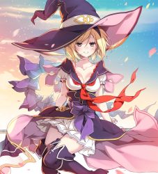 Rule 34 | 1girl, :d, alternate breast size, blonde hair, blue sky, blush, boots, breasts, cleavage, cloud, djeeta (granblue fantasy), flying, granblue fantasy, hair between eyes, hat, high heel boots, high heels, looking at viewer, medium breasts, open mouth, parted lips, petals, reina (black spider), school uniform, serafuku, short hair, sitting, sky, smile, solo, thigh boots, thighhighs, witch hat, yellow eyes, zettai ryouiki