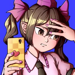 Rule 34 | 1girl, alternate hairstyle, black necktie, blue background, brown eyes, brown hair, cellphone, clenched teeth, hat, highres, himekaidou hatate, looking to the side, mefomefo, nail polish, necktie, phone, pink nails, pointy ears, puffy short sleeves, puffy sleeves, short sleeves, smartphone, solo, teeth, tokin hat, touhou, twintails
