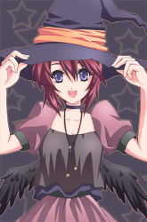 Rule 34 | 1girl, artist request, black shirt, black wings, blue eyes, character request, choker, collarbone, hair between eyes, hands up, hat, jewelry, looking at viewer, lowres, necklace, open mouth, puffy short sleeves, puffy sleeves, purple hair, purple skirt, shirt, short hair, short sleeves, skirt, smile, solo, source request, upper body, wings, witch hat