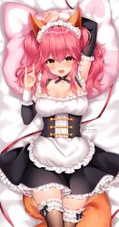 Rule 34 | 1girl, absurdres, animal ear fluff, animal ears, apron, arm up, bare shoulders, black dress, blush, breasts, brown thighhighs, cleavage, collarbone, dress, fate/extra, fate (series), fox ears, fox girl, fox shadow puppet, fox tail, frills, hair between eyes, highres, large breasts, long hair, looking at viewer, lying, maid headdress, official alternate costume, on back, open mouth, pillow, pink hair, red ribbon, ribbon, shouu-kun, sidelocks, smile, solo, tail, tamamo (fate), tamamo no mae (fate/extra), tamamo no mae (tailmaid strike) (fate), thighhighs, twintails, waist apron, white apron, yellow eyes