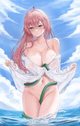 Rule 34 | 1girl, absurdres, ahoge, bikini, bikini under clothes, blue archive, breasts, cleavage, cloud, cloudy sky, day, green eyes, halo, hanako (blue archive), hanako (swimsuit) (blue archive), highres, hose, hose between breasts, large breasts, long hair, looking at viewer, ocean, official alternate costume, outdoors, oversized clothes, oversized shirt, pink hair, pink halo, realdriedfish, see-through, see-through shirt, shirt, sky, solo, swimsuit, thighs, wet, wet clothes, wet shirt, white shirt