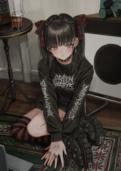 Rule 34 | 1girl, absurdres, black collar, black footwear, black hair, black nails, black ribbon, black shirt, blouse, blush, carpet, closed mouth, collar, cross, cross earrings, cup, ear piercing, earrings, gishiki (gshk), hair ribbon, highres, jewelry, long sleeves, looking at viewer, medium hair, multiple rings, nail polish, original, own hands together, panties, pentagram, piercing, ribbon, ring, shirt, shoes, single thighhigh, solo, spiked collar, spikes, striped clothes, striped panties, table, tattoo, tattoo on hand, thighhighs, two side up, underwear, wooden floor, yellow eyes