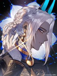 Rule 34 | 1boy, alternate hairstyle, arjuna (fate), arjuna alter (fate), arjuna alter (festival outfit) (fate), braid, dark-skinned male, dark skin, earrings, fate/grand order, fate (series), gloves, grey eyes, highres, horns, indian clothes, jewelry, long hair, looking at viewer, male focus, solo, sqloveraven, turtleneck, white gloves, white hair