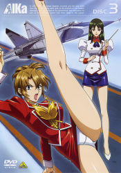 Rule 34 | 1990s (style), 2girls, agent aika, aika (series), aircraft, airplane, ascot, axe kick, blue eyes, breasts, brown hair, closed mouth, copyright name, cover, delmo, delmo commander, delmogeny uniform, dvd cover, english text, engrish text, fighter jet, folded ponytail, green hair, high heels, high kick, highres, holding, jacket, jet, juliet sleeves, kicking, kneepits, lipstick, logo, long hair, long sleeves, makeup, mig-25, military, military vehicle, multiple girls, official art, open mouth, panties, pencil skirt, puffy sleeves, ranguage, red ascot, red jacket, red lips, red skirt, retro artstyle, skirt, sky, split, standing, standing on one leg, standing split, sumeragi aika, underwear, uniform, weapon, white delmo, white jacket, white panties, yamauchi noriyasu