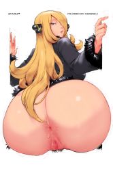 Rule 34 | 1girl, absurdres, anal hair, anus, ass, ass focus, ass juice, back, blonde hair, bottomless, cleft of venus, colorized, creatures (company), curvy, cynthia (pokemon), darkneji, female focus, female pubic hair, from behind, game freak, hair over one eye, highres, huge ass, jacket, lips, long hair, looking at viewer, looking back, moderate pubic hair, nintendo, orushibu, plump, pokemon, pokemon dppt, pubic hair, pussy, solo, third-party edit, uncensored, wide hips