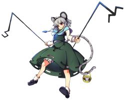 Rule 34 | 1girl, :o, absurdres, animal ears, baba (baba seimaijo), basket, bloomers, capelet, commentary request, dowsing rod, full body, green shirt, green skirt, grey hair, highres, jewelry, long sleeves, mouse (animal), mouse ears, mouse tail, nazrin, pendant, red eyes, shirt, skirt, skirt set, solo, tail, touhou, transparent background, tsurime, underwear