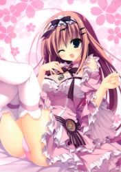 Rule 34 | 1girl, ;d, absurdres, ahoge, bare shoulders, blue eyes, blush, bow, bowtie, brown hair, crotch seam, detached sleeves, dress, floral background, food print, frilled sleeves, frills, hair ornament, hairband, hairclip, hand on own chest, highres, inugami kira, jewelry, legs up, lolita fashion, lolita hairband, long sleeves, looking at viewer, majo koi nikki, nanno alice, necklace, one eye closed, open mouth, panties, pantyshot, pendant, pink background, pink panties, purple bow, purple bowtie, scan, scan artifacts, simple background, sitting, sleeveless, sleeveless dress, smile, thighhighs, underwear, white thighhighs, wink