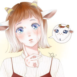 Rule 34 | animal ears, blue eyes, blush, brown hair, character name, chevre (animal crossing), animal crossing, freckles, goat, goat ears, goat horns, highres, horns, humanization, multicolored hair, nintendo, oiba kaho, open mouth, personification, solo, two-tone hair, white background, white hair