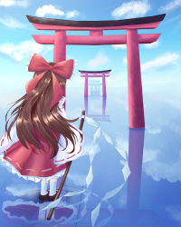 Rule 34 | 1girl, absurdres, bare shoulders, blouse, bow, brown footwear, brown hair, cloud, frilled bow, frills, from behind, gohei, hair bow, hakurei reimu, highres, japanese clothes, long hair, miko, red shirt, red skirt, reflection, ribbon-trimmed sleeves, ribbon trim, scenery, shirt, skirt, smallsword38, socks, solo, standing, standing on liquid, torii, touhou