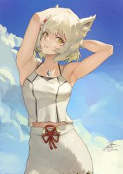 Rule 34 | 1girl, animal ear fluff, animal ears, armpits, arms behind back, arms up, blonde hair, blue sky, breasts, camisole, cat ears, chest jewel, cloud, collarbone, cowboy shot, day, fadingz, highres, looking at viewer, medium breasts, midriff peek, mio (xenoblade), outdoors, parted lips, short hair, signature, skirt, sky, small breasts, smile, solo, white skirt, xenoblade chronicles (series), xenoblade chronicles 3, yellow eyes