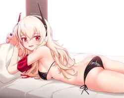 Rule 34 | 1girl, :d, armband, armpits, ass, back, bare shoulders, bikini, black bikini, blonde hair, blush, breasts, eyeball, fang, from side, girls&#039; frontline, hairband, highres, holding, large breasts, long hair, looking at viewer, lying, m4 sopmod ii (girls&#039; frontline), multicolored hair, narynn, on stomach, open mouth, red eyes, red hair, side-tie bikini bottom, smile, solo, streaked hair, string bikini, swimsuit, thighs, twitter username