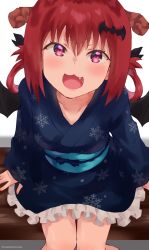 Rule 34 | 1girl, :3, :d, artist name, bat hair ornament, blush, collarbone, commentary, demon horns, demon wings, english commentary, fang, gabriel dropout, hair between eyes, hair ornament, hair rings, head tilt, highres, horns, japanese clothes, kimono, looking at viewer, needledmouse, obi, open mouth, pink eyes, red hair, sash, satanichia kurumizawa mcdowell, sleeves past wrists, smile, snowflake print, solo, twitter username, v-shaped eyebrows, white background, wings, yukata