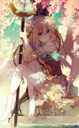 Rule 34 | 1girl, angel, angel wings, blonde hair, blue eyes, breasts, corset, feathered wings, flower, frilled sleeves, frills, hair between eyes, hair flower, hair ornament, hairband, holding, holding staff, knee up, legs, looking up, medium breasts, nana kusun, original, petals, skirt, solo, staff, stairs, thighhighs, toeless legwear, toes, tree shade, water, water surface, white flower, wings, yellow skirt