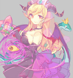 Rule 34 | 1girl, bad id, bad pixiv id, bare shoulders, black dress, blonde hair, choker, crown, dress, frills, gloves, horns, lilith (p&amp;d), long hair, looking at viewer, lowres, mini crown, pf, pointy ears, puzzle &amp; dragons, smile, snake, solo, third eye, wings, yellow eyes