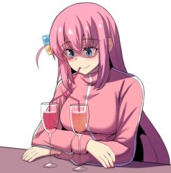 Rule 34 | 1girl, absurdres, arm rest, blue eyes, bocchi the rock!, breasts, cube hair ornament, cup, drinking straw, drinking straw in mouth, gotoh hitori, hair ornament, highres, hinghoi, jacket, large breasts, lonely, long hair, looking down, pink hair, pink jacket, side ahoge, sitting, solo, tears, track jacket, upper body, very long hair, wavy mouth