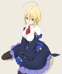 Rule 34 | 1girl, ahoge, between legs, black pantyhose, blazblue, blonde hair, blue eyes, braid, breasts, center frills, closed mouth, collared shirt, es (xblaze), frills, frown, hair between eyes, hand between legs, highres, huge ahoge, large breasts, long hair, long sleeves, looking at viewer, mito engine, necktie, pantyhose, red necktie, shirt, short necktie, single braid, sitting, sleeves past wrists, slit pupils, solo, white shirt, xblaze