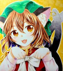 Rule 34 | 1girl, :d, absurdres, animal ear fluff, animal ear piercing, animal ears, bow, bowtie, brown eyes, brown hair, cat ears, cat tail, chen, commentary request, double-parted bangs, earrings, fangs, gold trim, green hat, hair between eyes, hands up, happy, hat, highres, jewelry, light blush, looking at viewer, medium hair, mob cap, multiple tails, nekomata, open mouth, outline, paw pose, setsuna marin rei taisai su 14ab, simple background, single earring, smile, solo, tail, touhou, traditional media, two tails, white bow, white bowtie, white outline, yellow background