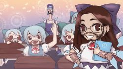 Rule 34 | artist request, beard, blue dress, blue hair, book, cirno, cirno (cosplay), collared shirt, commentary, copyright request, cosplay, cr1tikal, desk, dress, english commentary, facial hair, fumo (doll), glasses, grin, highres, holding, holding book, ice, ice wings, long neck, multiple boys, neck ribbon, open mouth, pinafore dress, puffy short sleeves, puffy sleeves, real life, red ribbon, ribbon, school desk, shirt, short hair, short sleeves, sleeveless dress, smile, tattoo, touhou, white shirt, wings