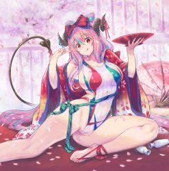 Rule 34 | 1girl, blue hair, breasts, cherry blossoms, commentary request, cup, demon girl, demon horns, demon tail, floral print, gradient kimono, highleg, highleg swimsuit, highres, horns, japanese clothes, kimono, kiyama satoshi, large breasts, long hair, looking at viewer, multicolored clothes, multicolored hair, multicolored swimsuit, nakajima pepero, oil-paper umbrella, one-piece swimsuit, original, petals, pink hair, pointy ears, red eyes, red kimono, red ribbon, ribbed swimsuit, ribbon, sakazuki, saucer, sideboob, sitting, solo, streaked hair, swimsuit, tail, tokkuri, umbrella, v, virtual youtuber, white one-piece swimsuit, yokozuwari