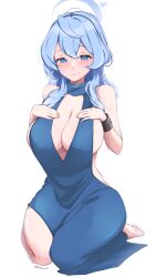 Rule 34 | 1girl, @ @, absurdres, ako (blue archive), ako (dress) (blue archive), blue archive, blue dress, blue eyes, blue hair, blue halo, breasts, cleavage, closed mouth, dress, evening gown, halo, hands on own chest, highres, large breasts, looking at viewer, medium hair, official alternate costume, sideless dress, sideless outfit, simple background, single handcuff, sitting, sleeveless, sleeveless dress, smile, solo, takoroki, white background