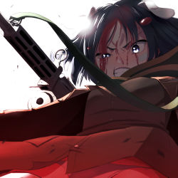 Rule 34 | 1girl, absurdres, animal ears, backlighting, bandaid, bandaid on face, black eyes, black hair, blood, blood drop, blood on face, brave witches, clenched teeth, dog ears, drum magazine, flip up sight, from below, gun, gun sling, hasegawa (hase popopo), highres, kanno naoe, machine gun, magazine (weapon), panties, solo, teeth, underwear, weapon, white background, white panties, world witches series