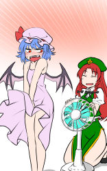 Rule 34 | 2girls, :d, ^ ^, alternate costume, bat wings, beret, blue hair, blush, bow, breasts, china dress, chinese clothes, closed eyes, collarbone, dress, electric fan, embarrassed, fangs, feet out of frame, full-face blush, full body, gradient background, green dress, hat, hat bow, highres, hong meiling, kneeling, long hair, looking at another, looking back, mob cap, multiple girls, open mouth, orange background, pink dress, puffy short sleeves, puffy sleeves, red eyes, red hair, remilia scarlet, shiraue yuu, short hair, short sleeves, simple background, smile, star (symbol), touhou, v arms, white background, wind, wind lift, wings