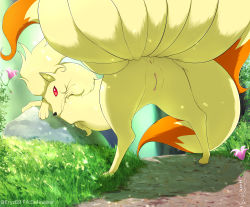 Rule 34 | absurdres, animal focus, anus, artist name, ass, blank eyes, blonde hair, cleft of venus, clitoris, closed mouth, creatures (company), dated, day, eryz, female focus, flower, from behind, full body, furaffinity username, game freak, gen 1 pokemon, grass, highres, light particles, lily (flower), looking at viewer, looking back, multiple tails, ninetales, nintendo, no humans, outdoors, pink flower, pokemon, pokemon (creature), pussy, rock, signature, solo, standing, tail, twitter username, uncensored, watermark