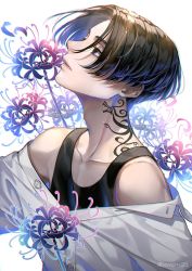 Rule 34 | 1boy, black eyes, black hair, black tank top, closed mouth, dragon tattoo, empty eyes, flower, highres, looking away, male focus, neck tattoo, off shoulder, sano manjirou, shirt, short hair, solo, spider lily, tank top, tattoo, tokyo revengers, twitter username, upper body, uwzm21, white background, white shirt