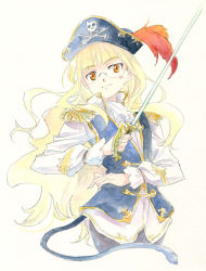 Rule 34 | 1girl, agahari, alternate costume, blonde hair, cat tail, epaulettes, glasses, jolly roger, long hair, orange eyes, pantyhose, perrine h. clostermann, pirate, skull and crossbones, skull and crossed swords, solo, strike witches, sword, tail, traditional media, weapon, world witches series, yellow eyes