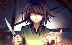 Rule 34 | androgynous, artist name, blood, blood splatter, brown hair, chara (undertale), collared shirt, english text, evil smile, gameplay mechanics, gender request, hair over one eye, highres, knife, neekochanii, red eyes, shirt, smile, solo, spoilers, striped clothes, striped sweater, sweater, teeth, undertale, upper body