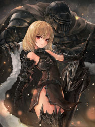 Rule 34 | 1girl, absurdres, armor, armored dress, belt, blonde hair, blurry, breastplate, cape, commentary, cowboy shot, crystalherb, depth of field, english commentary, full armor, fur-trimmed cape, fur trim, gauntlets, helmet, highres, holding, holding sword, holding weapon, knight, looking at viewer, medium hair, original, parted lips, red eyes, sleeveless, solo, standing, sword, weapon