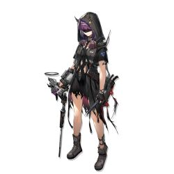 Rule 34 | 1girl, arknights, bare legs, black dress, black footwear, black gloves, black jacket, black necktie, blindfold, boots, cane, dress, fingerless gloves, full body, gloves, holding, holding knife, holding weapon, hood, hooded jacket, horns, jacket, knife, lava (arknights), lava the purgatory (arknights), long hair, material growth, necktie, official alternate costume, official art, oripathy lesion (arknights), purple hair, short dress, short sleeves, solo, standing, transparent background, weapon, xiayehongming
