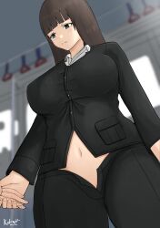 Rule 34 | 1girl, absurdres, artist name, breasts, brown eyes, brown hair, formal, from below, girls und panzer, highres, holding hands, jacket, kakujin, large breasts, long hair, mature female, navel, nishizumi shiho, open fly, pant suit, pants, partially unzipped, solo, standing, suit, train interior