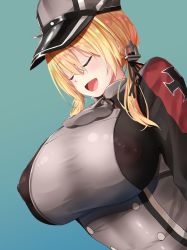 Rule 34 | 1girl, blonde hair, blue eyes, blush, breasts, covered erect nipples, closed eyes, hat, highres, huge breasts, kantai collection, oekakizuki, open mouth, prinz eugen (kancolle), smile