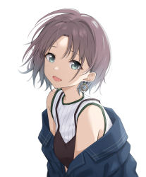 Rule 34 | 1girl, aqua eyes, asakura toru, bad id, bad pixiv id, black camisole, blue hair, blue jacket, camisole, camisole over clothes, commentary request, earrings, from side, gradient hair, idolmaster, idolmaster shiny colors, jacket, jewelry, looking at viewer, multicolored hair, open mouth, purple hair, ribbed shirt, shirt, short hair, simple background, sleeveless, sleeveless shirt, smile, solo, tennen inari, upper body, white background, white shirt
