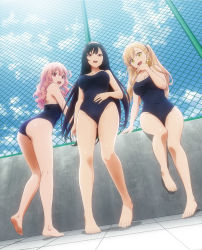 Rule 34 | 3girls, :d, arm support, ass, bare legs, bare shoulders, barefoot, black hair, black scrunchie, blonde hair, blue one-piece swimsuit, breasts, cat earrings, chain-link fence, cleavage, cloud, collarbone, competition school swimsuit, fang, feet, fence, full body, hair ornament, hair rings, hair scrunchie, hairband, hand on own stomach, highres, inu ni nattara suki na hito ni hirowareta, inukai karen, key visual, kneepits, large breasts, legs, long hair, looking at viewer, looking back, mole, mole under eye, morita kazuaki, multiple girls, nekotani mike, official art, ojou-sama pose, one-piece swimsuit, one side up, open mouth, pink eyes, pink hair, promotional art, red eyes, school swimsuit, scrunchie, sitting, skin fang, sky, smile, standing, swimsuit, teeth, tile floor, tiles, toes, tsukishiro usagi, two side up, upper teeth only, very long hair, wavy hair, white hairband, yellow eyes
