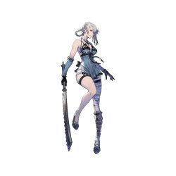 Rule 34 | 1girl, bad id, bad twitter id, bandaged leg, bandaged neck, bandages, bare shoulders, breasts, closed mouth, collarbone, commentary, elbow gloves, flower, full body, gloves, hair flower, hair ornament, high heels, highres, holding, holding sword, holding weapon, jagged sword, kaine (nier), lingerie, lunar tear, medium breasts, negligee, nier (series), nier reincarnation, shorts, simple background, sleeveless, solo, sword, thigh strap, third-party source, underwear, weapon, yellow eyes, yoshida akihiko