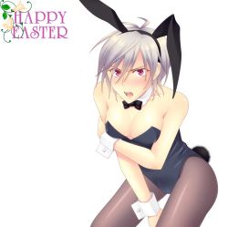 Rule 34 | 1girl, animal ears, babysmile7 (artist), bare shoulders, black pantyhose, blush, bow, bowtie, breasts, cleavage, easter, fake animal ears, female focus, forced dressing, homura (sekirei), large breasts, leotard, open mouth, pantyhose, playboy bunny, rabbit ears, red eyes, sekirei, short hair, silver hair, solo, white background, wrist cuffs