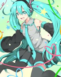 Rule 34 | 1girl, aqua eyes, aqua hair, cu-sith, detached sleeves, gradient background, hatsune miku, highres, long hair, looking at viewer, necktie, open mouth, skirt, solo, thighhighs, twintails, very long hair, vocaloid