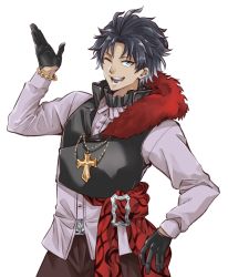 Rule 34 | 1boy, absurdres, ahoge, alternate costume, bartholomew roberts (fate), bishounen, black gloves, black hair, blue eyes, cowboy shot, cropped vest, cross, cross necklace, fate/grand order, fate (series), gloves, gradient hair, hair slicked back, highres, jewelry, light purple hair, long sleeves, male focus, multicolored hair, necklace, okuno naru (exoprsa), one eye closed, pants, parted bangs, purple shirt, red pants, shirt, short hair, simple background, solo, vest