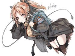 Rule 34 | 1girl, arknights, black thighhighs, commentary request, feather hair, garter straps, jacket, long hair, looking at viewer, mole, mole under eye, nail gun, orange hair, pinecone (arknights), ponytail, simple background, solo, sweater, thighhighs, usuki (graygreed), white background