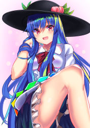 Rule 34 | 1girl, :d, absurdres, afueeriru, black headwear, black skirt, blue hair, blush, bow, bowtie, commentary request, feet out of frame, food, fruit, hair between eyes, hand in own hair, hand up, highres, hinanawi tenshi, leaf, long hair, looking at viewer, miniskirt, open mouth, peach, petticoat, pink background, puffy short sleeves, puffy sleeves, red bow, red bowtie, red eyes, shirt, short sleeves, sidelocks, sitting, skirt, smile, solo, thighs, touhou, very long hair, white shirt