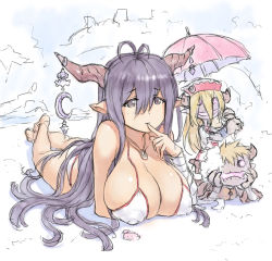 Rule 34 | 10s, 1girl, alternate eye color, ass, bandaged arm, bandages, bare shoulders, beach, bikini, breasts, covered erect nipples, crescent, danua, doll, draph, finger to mouth, granblue fantasy, gretel (granblue fantasy), hair between eyes, hansel (granblue fantasy), horn ornament, horns, jewelry, large breasts, long hair, lying, mogudan, necklace, on stomach, pointy ears, purple eyes, purple hair, solo, stuffed toy, swimsuit, umbrella, very long hair, water, white bikini